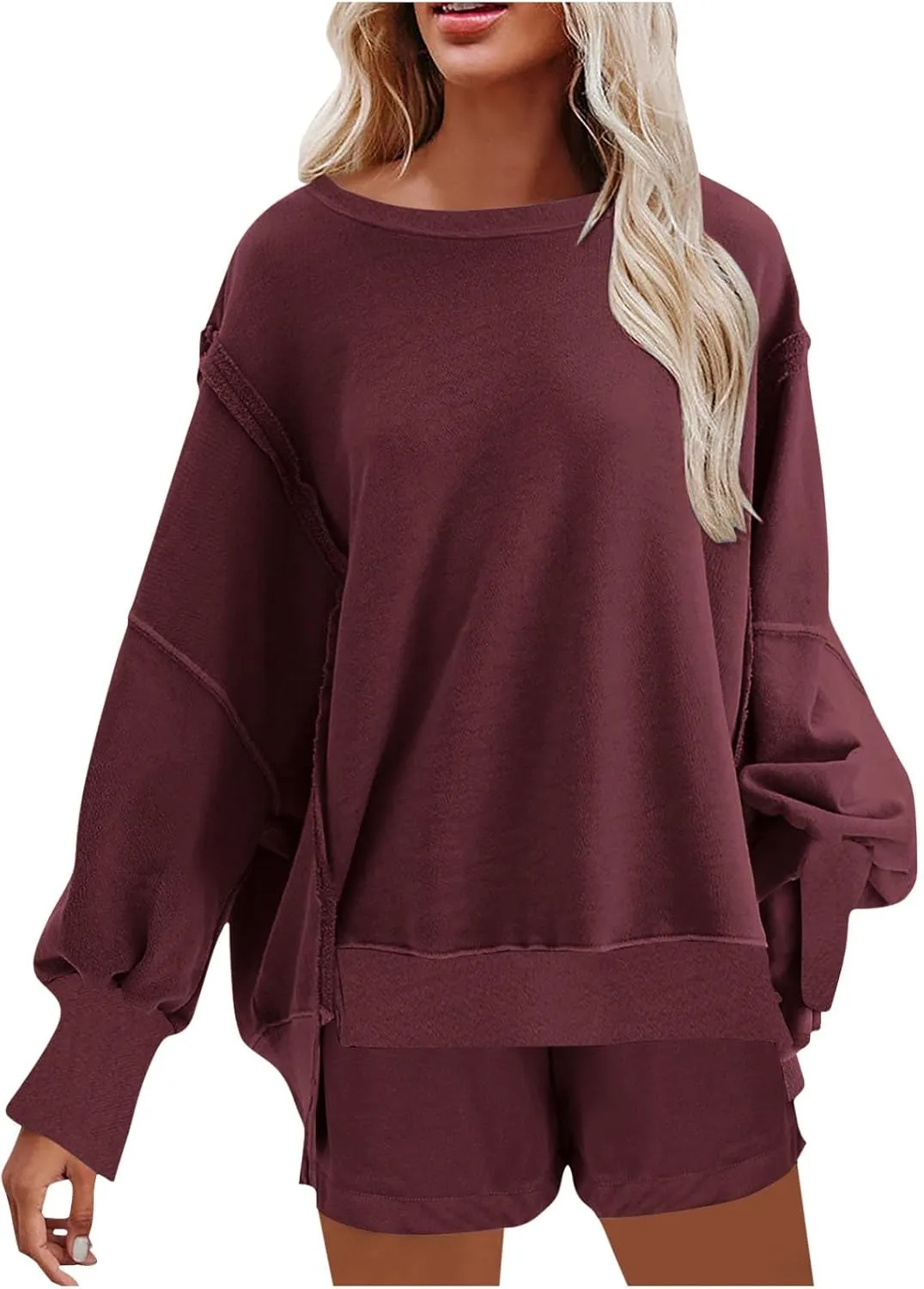 2 Piece Outfits For Women Oversized Crew Neck Sweatshirts And Shorts Tracksuit Set Casual Fall Sweatsuit Lounge Sets