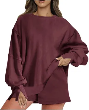 2 Piece Outfits For Women Oversized Crew Neck Sweatshirts And Shorts Tracksuit Set Casual Fall Sweatsuit Lounge Sets