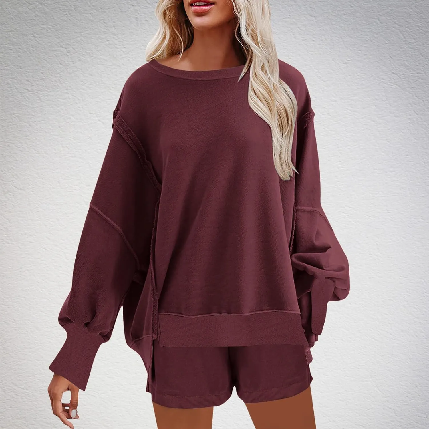 2 Piece Outfits For Women Oversized Crew Neck Sweatshirts And Shorts Tracksuit Set Casual Fall Sweatsuit Lounge Sets
