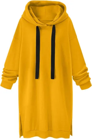 Akklian Women's Hoodie Sweatshirt Dress Knee Length Long Pullover Tops Split Hem Drawstring Hoodies Fall Winter Plush Sweater