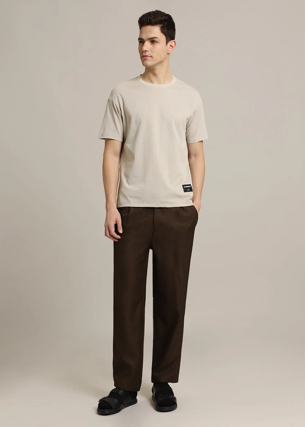 Beige Ribbed Stripe Regular Fit T-shirt