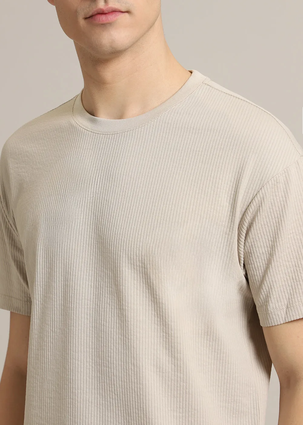 Beige Ribbed Stripe Regular Fit T-shirt
