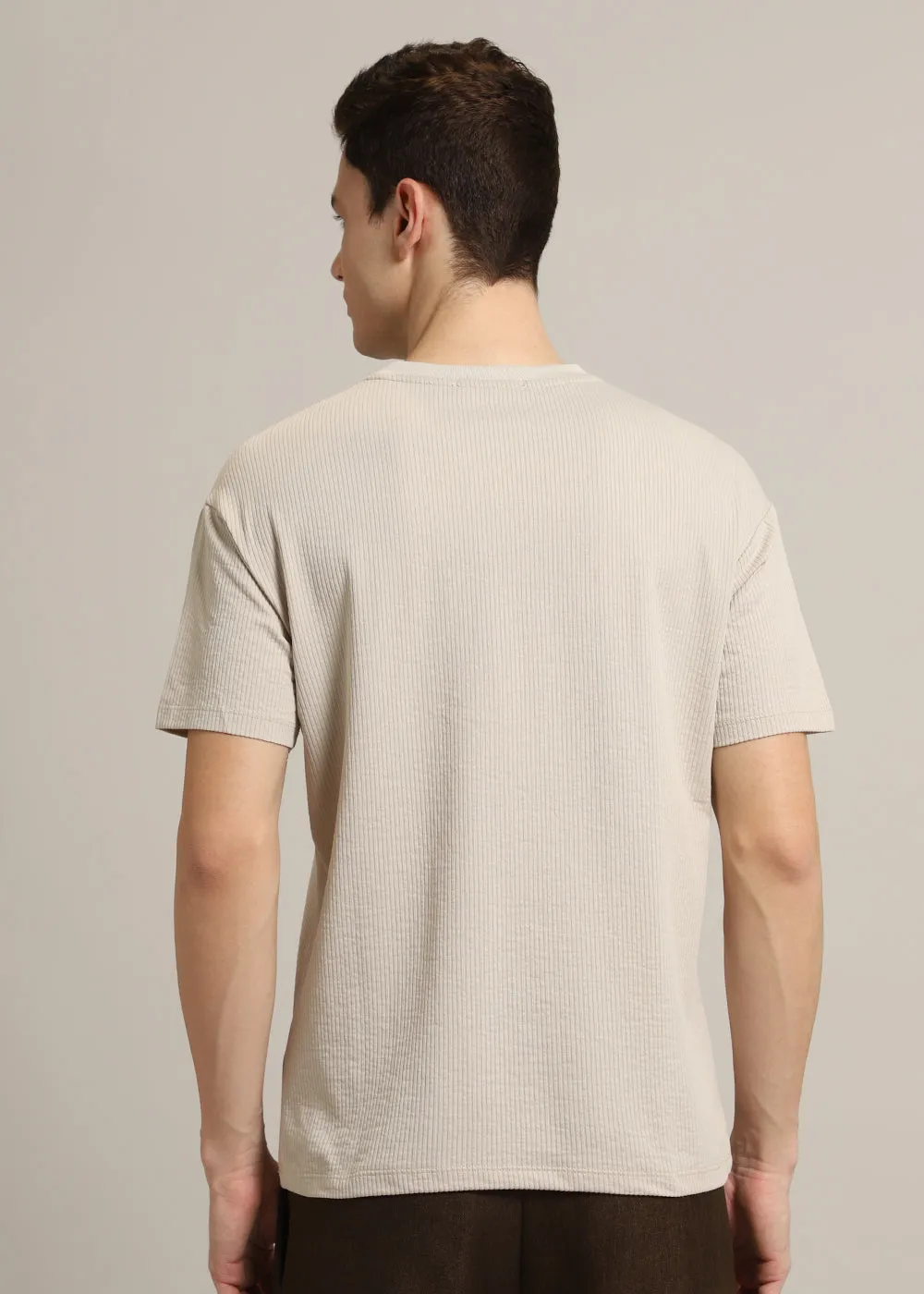 Beige Ribbed Stripe Regular Fit T-shirt
