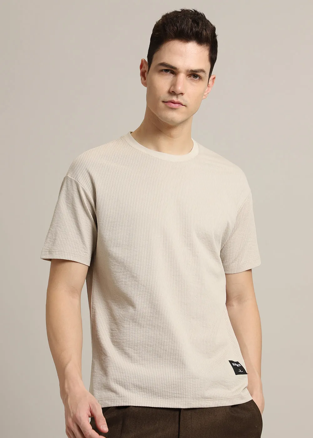 Beige Ribbed Stripe Regular Fit T-shirt
