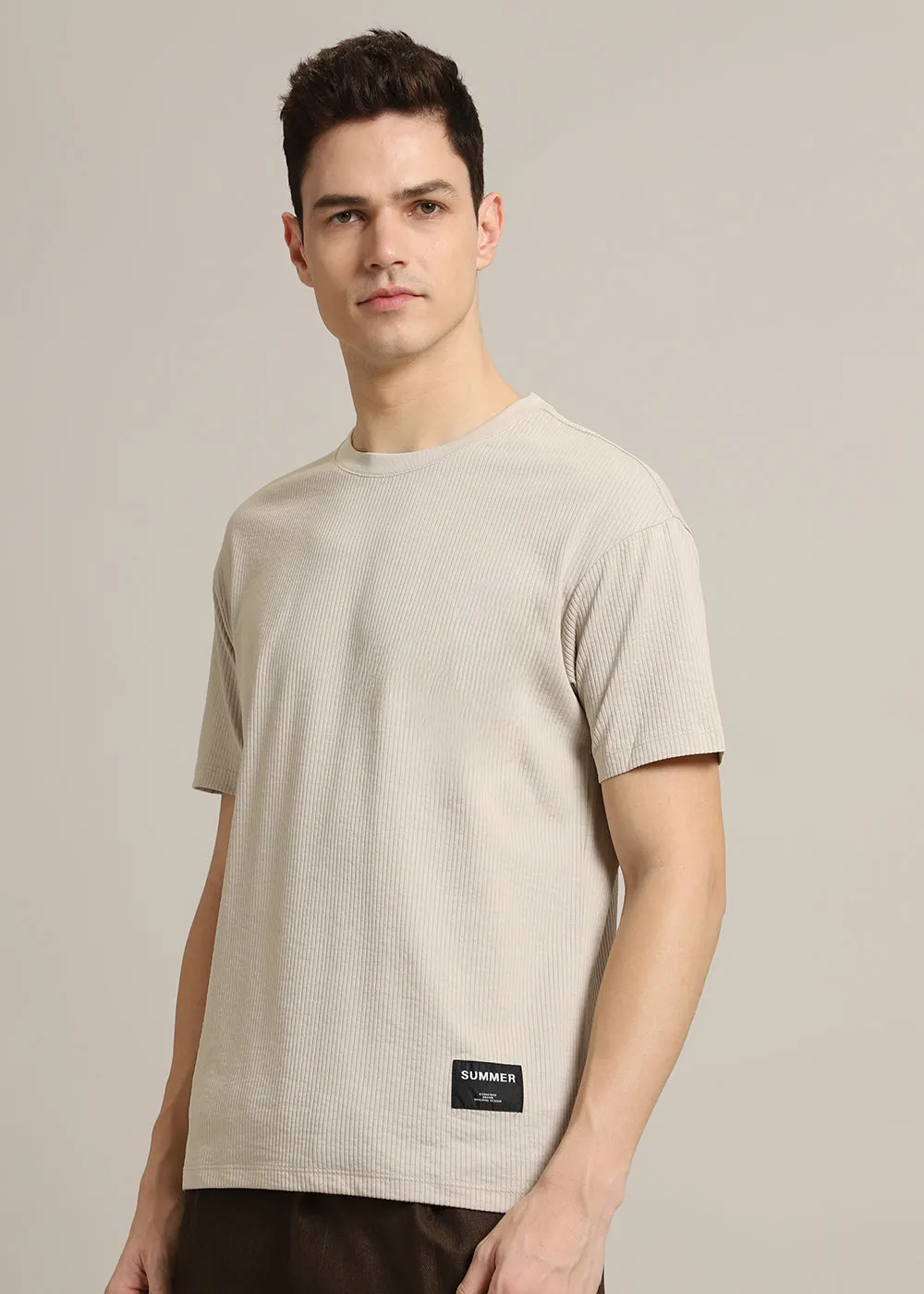 Beige Ribbed Stripe Regular Fit T-shirt