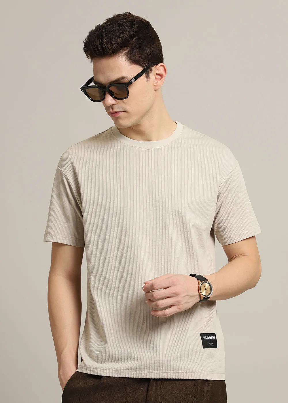 Beige Ribbed Stripe Regular Fit T-shirt