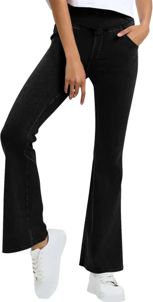 Bell Bottom Jeans for Women High Waisted Stretchy Flare Jeans Pull On Wide Leg Jean V Cross Tummy Control Flare Pants