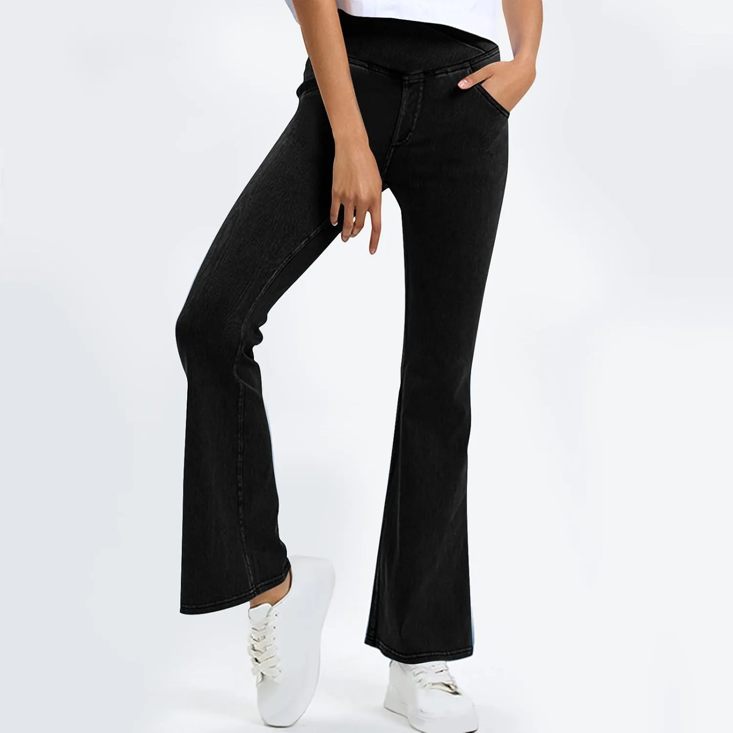 Bell Bottom Jeans for Women High Waisted Stretchy Flare Jeans Pull On Wide Leg Jean V Cross Tummy Control Flare Pants