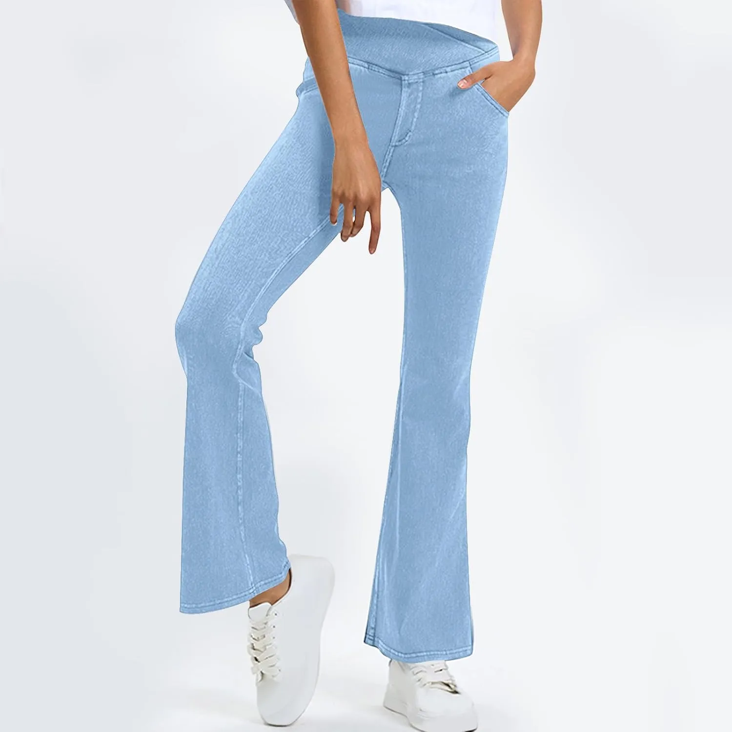Bell Bottom Jeans for Women High Waisted Stretchy Flare Jeans Pull On Wide Leg Jean V Cross Tummy Control Flare Pants