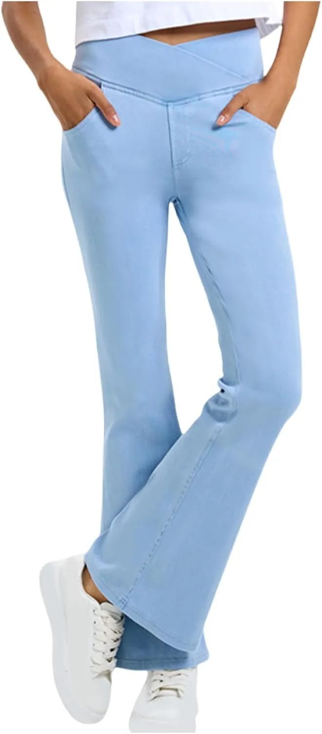 Bell Bottom Jeans for Women High Waisted Stretchy Flare Jeans Pull On Wide Leg Jean V Cross Tummy Control Flare Pants