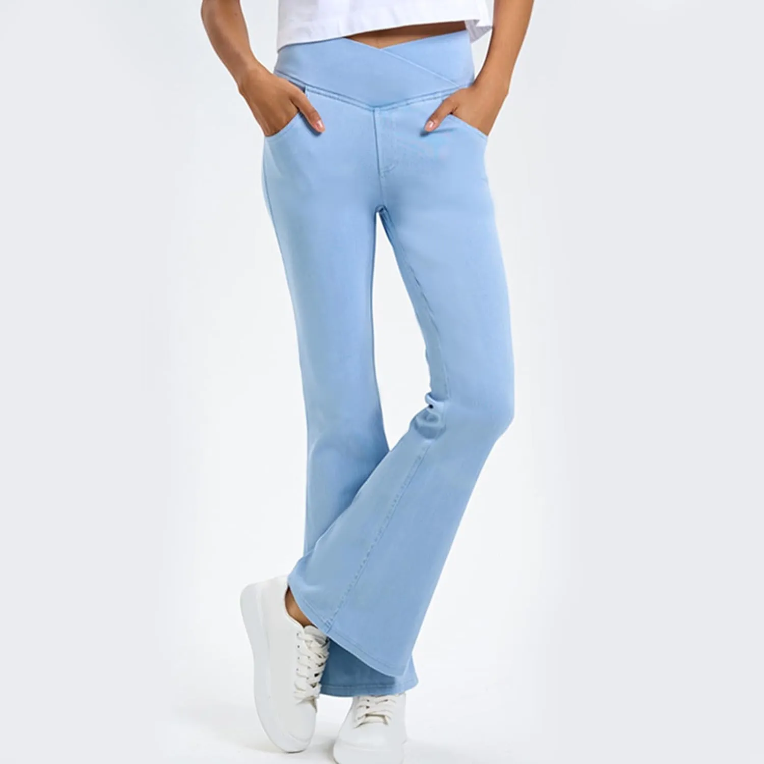 Bell Bottom Jeans for Women High Waisted Stretchy Flare Jeans Pull On Wide Leg Jean V Cross Tummy Control Flare Pants