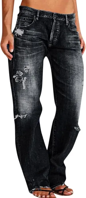 Black Pants for Women Jeans Mid Womens Poket Lace Denim Casual Women's Jeans Straight Leg Denim Pants Womens High