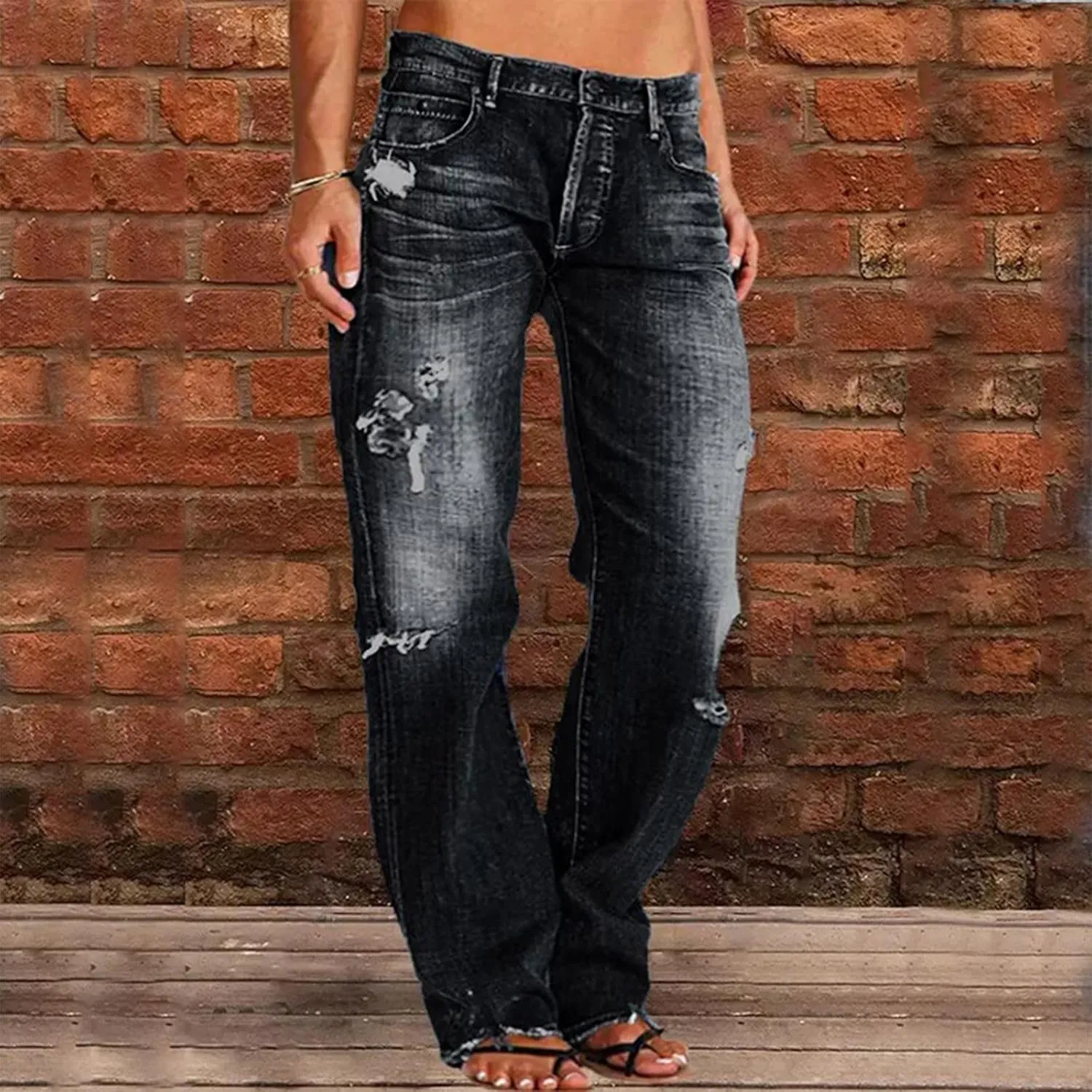 Black Pants for Women Jeans Mid Womens Poket Lace Denim Casual Women's Jeans Straight Leg Denim Pants Womens High
