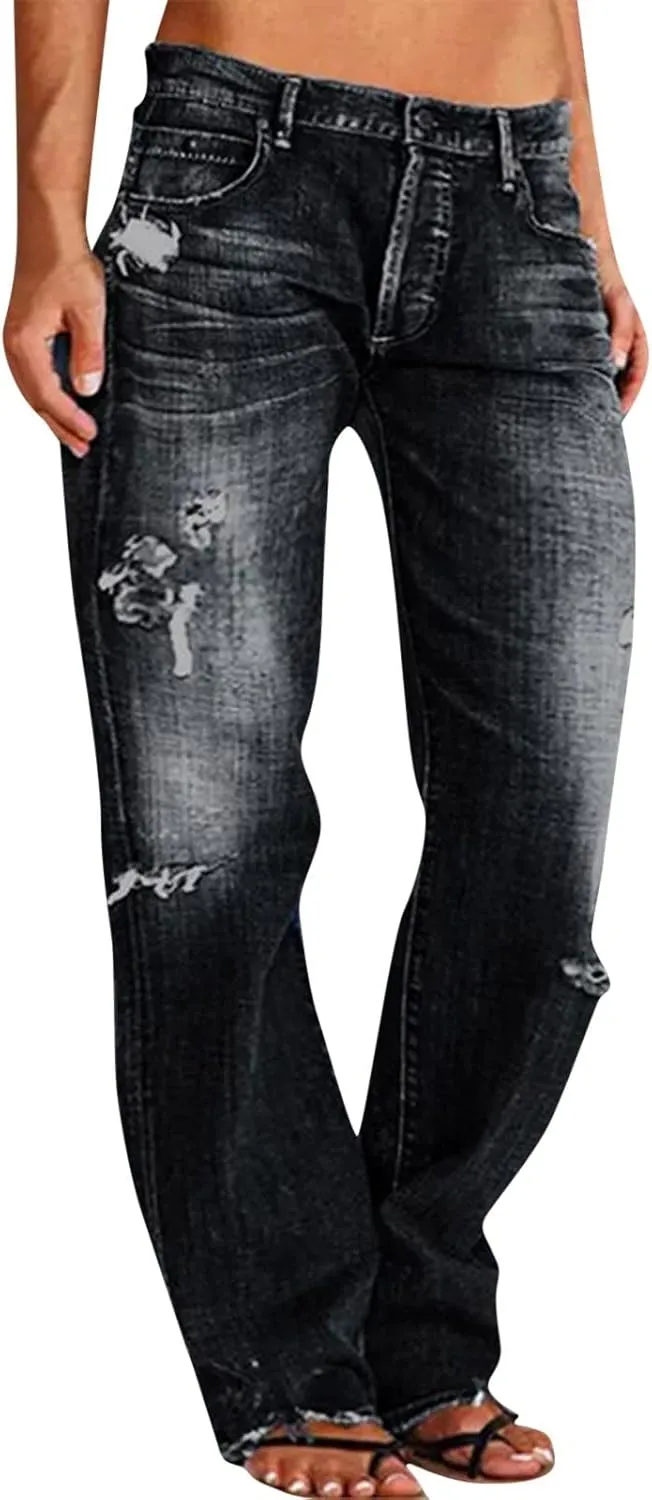 Black Pants for Women Jeans Mid Womens Poket Lace Denim Casual Women's Jeans Straight Leg Denim Pants Womens High