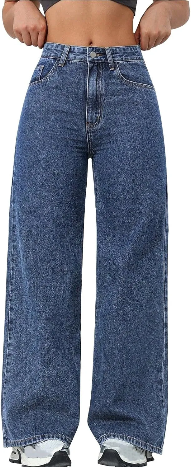 Borniu Straight Leg Jeans for Women High Waisted Denim Casual Baggy Pants Y2K Cowboy Loose Stretchy Long Wide Leg Jeans