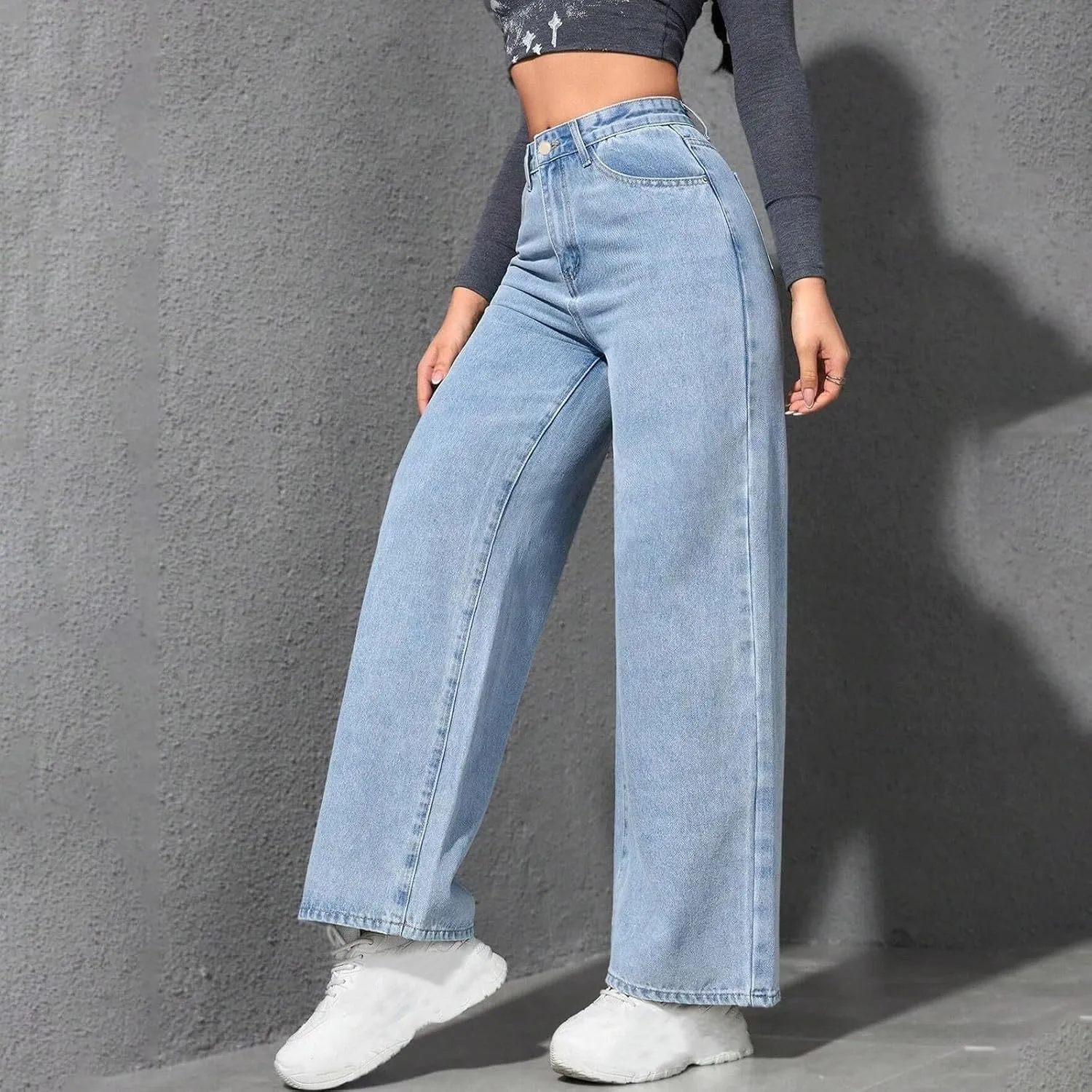 Borniu Straight Leg Jeans for Women High Waisted Denim Casual Baggy Pants Y2K Cowboy Loose Stretchy Long Wide Leg Jeans