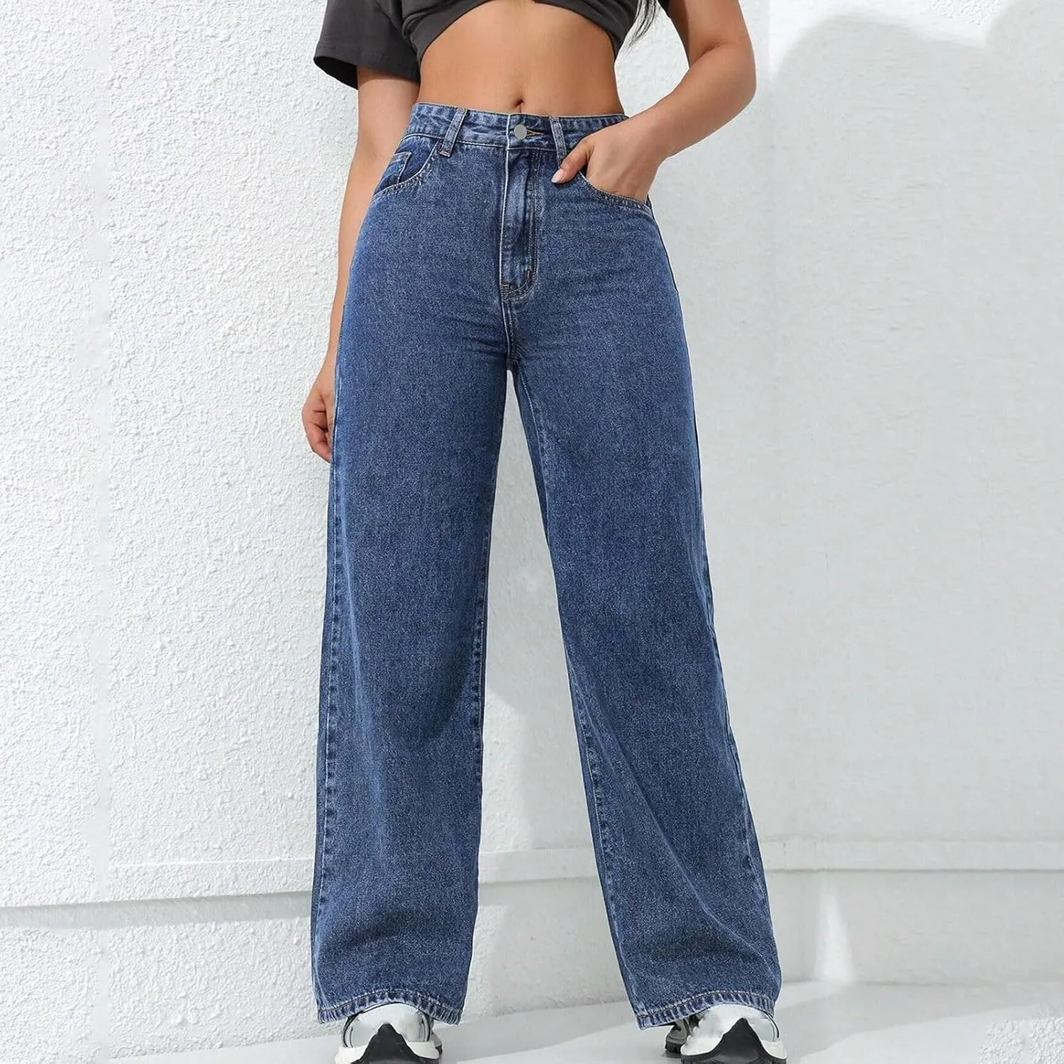 Borniu Straight Leg Jeans for Women High Waisted Denim Casual Baggy Pants Y2K Cowboy Loose Stretchy Long Wide Leg Jeans