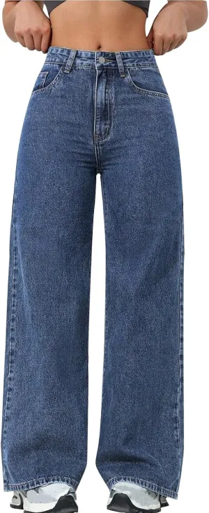 Borniu Straight Leg Jeans for Women High Waisted Denim Casual Baggy Pants Y2K Cowboy Loose Stretchy Long Wide Leg Jeans
