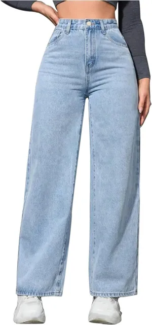 Borniu Straight Leg Jeans for Women High Waisted Denim Casual Baggy Pants Y2K Cowboy Loose Stretchy Long Wide Leg Jeans