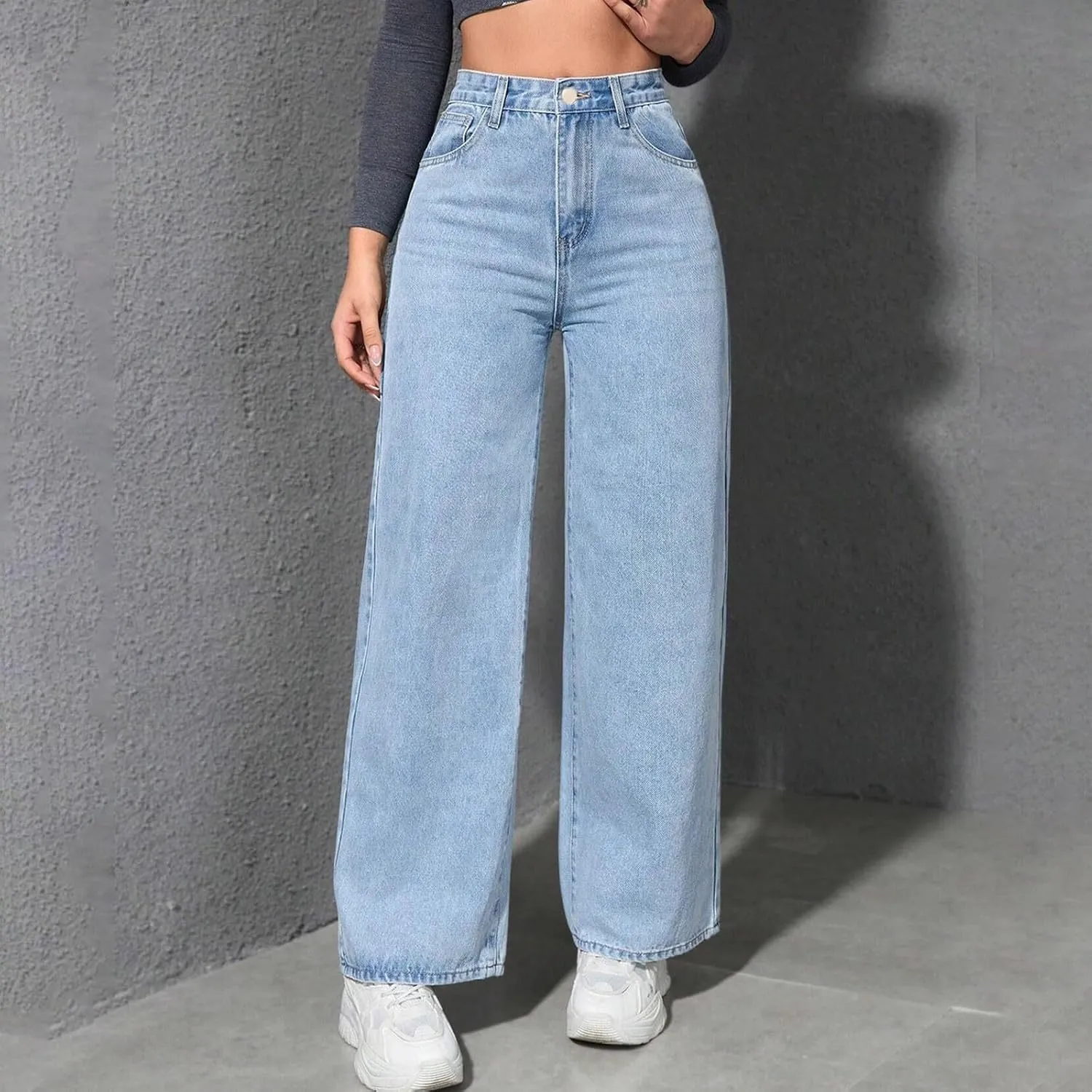 Borniu Straight Leg Jeans for Women High Waisted Denim Casual Baggy Pants Y2K Cowboy Loose Stretchy Long Wide Leg Jeans