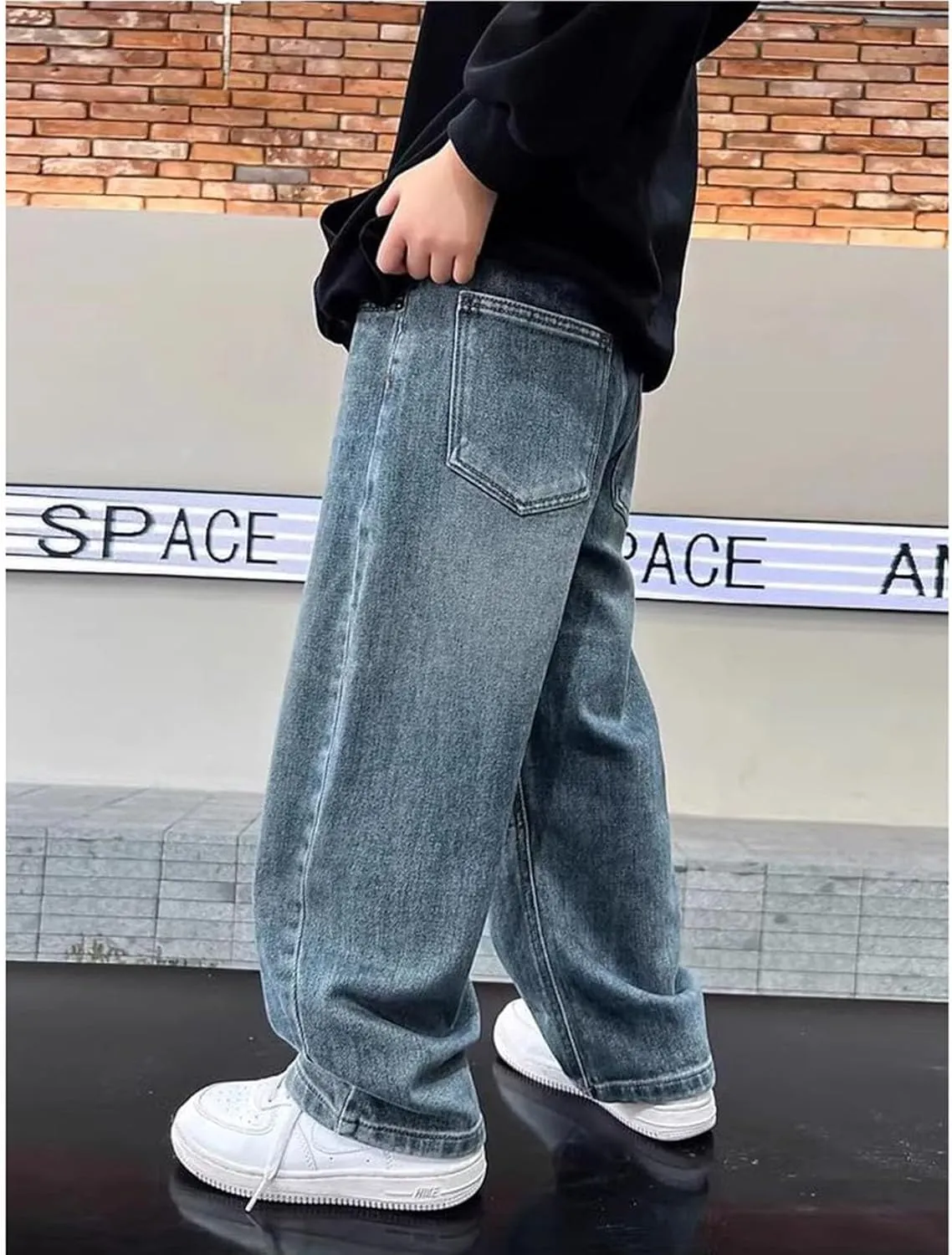 Boys Baggy Jeans for Kids Teen Casual Straight Wide Leg Cargo Jeans Y2K Loose Elastic Waist Denim Pants Trousers with Pockets