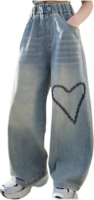 Boys Baggy Jeans for Kids Teen Casual Straight Wide Leg Cargo Jeans Y2K Loose Elastic Waist Denim Pants Trousers with Pockets