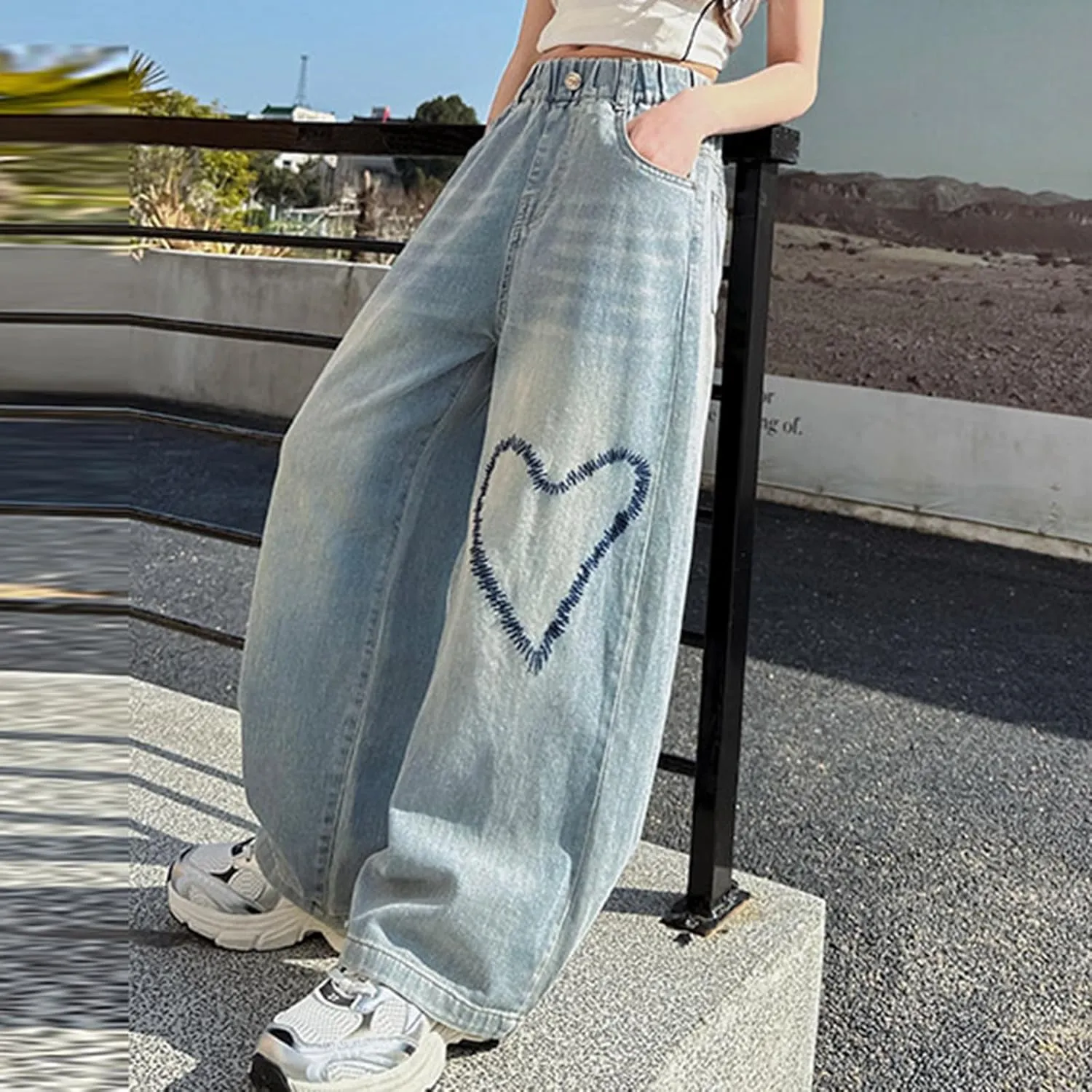 Boys Baggy Jeans for Kids Teen Casual Straight Wide Leg Cargo Jeans Y2K Loose Elastic Waist Denim Pants Trousers with Pockets
