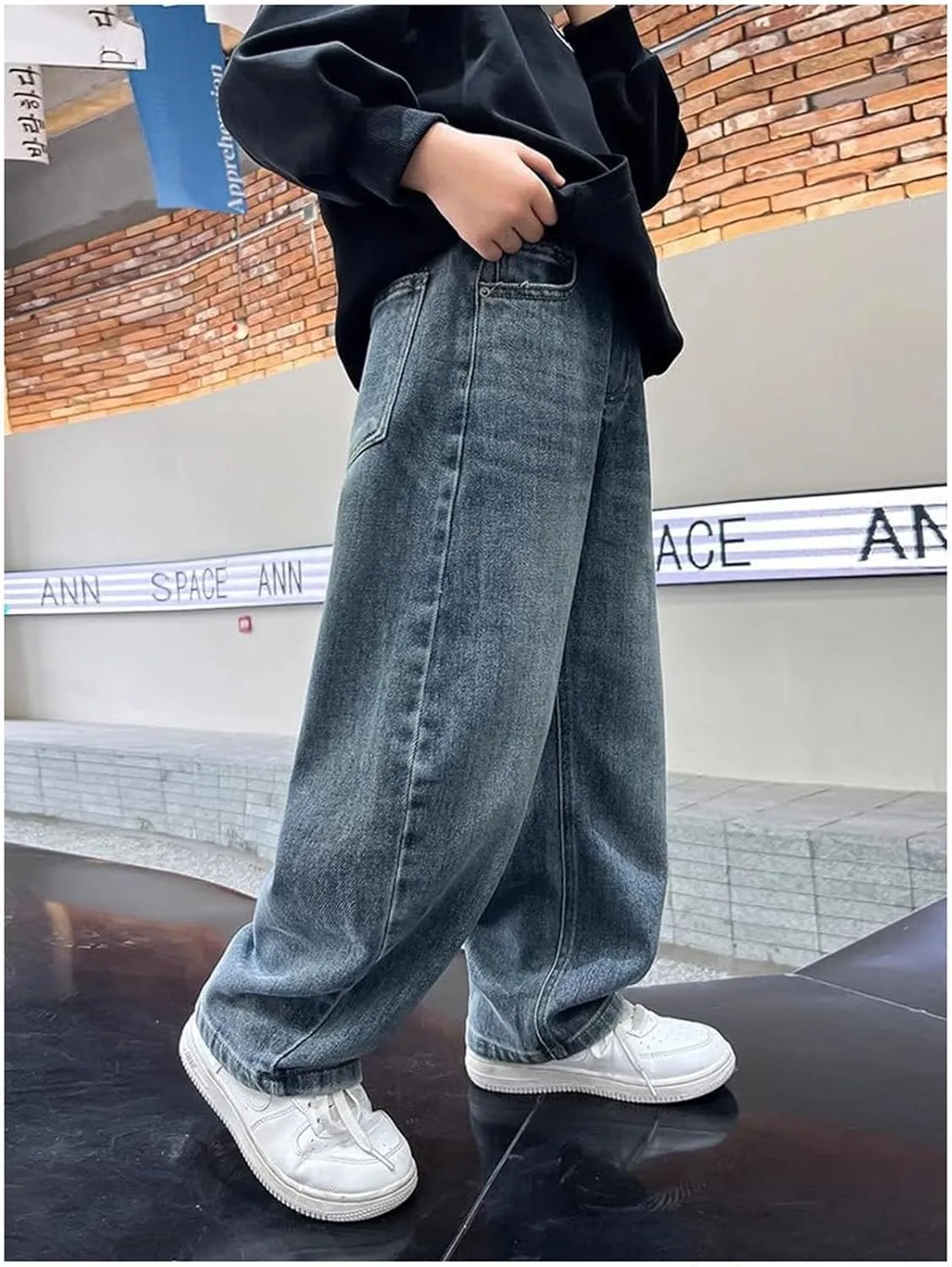 Boys Baggy Jeans for Kids Teen Casual Straight Wide Leg Cargo Jeans Y2K Loose Elastic Waist Denim Pants Trousers with Pockets