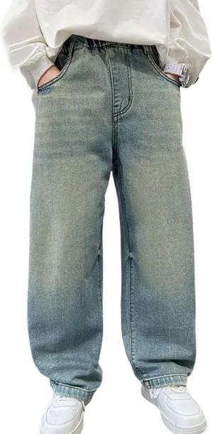 Boys Baggy Jeans for Kids Teen Casual Straight Wide Leg Cargo Jeans Y2K Loose Elastic Waist Denim Pants Trousers with Pockets