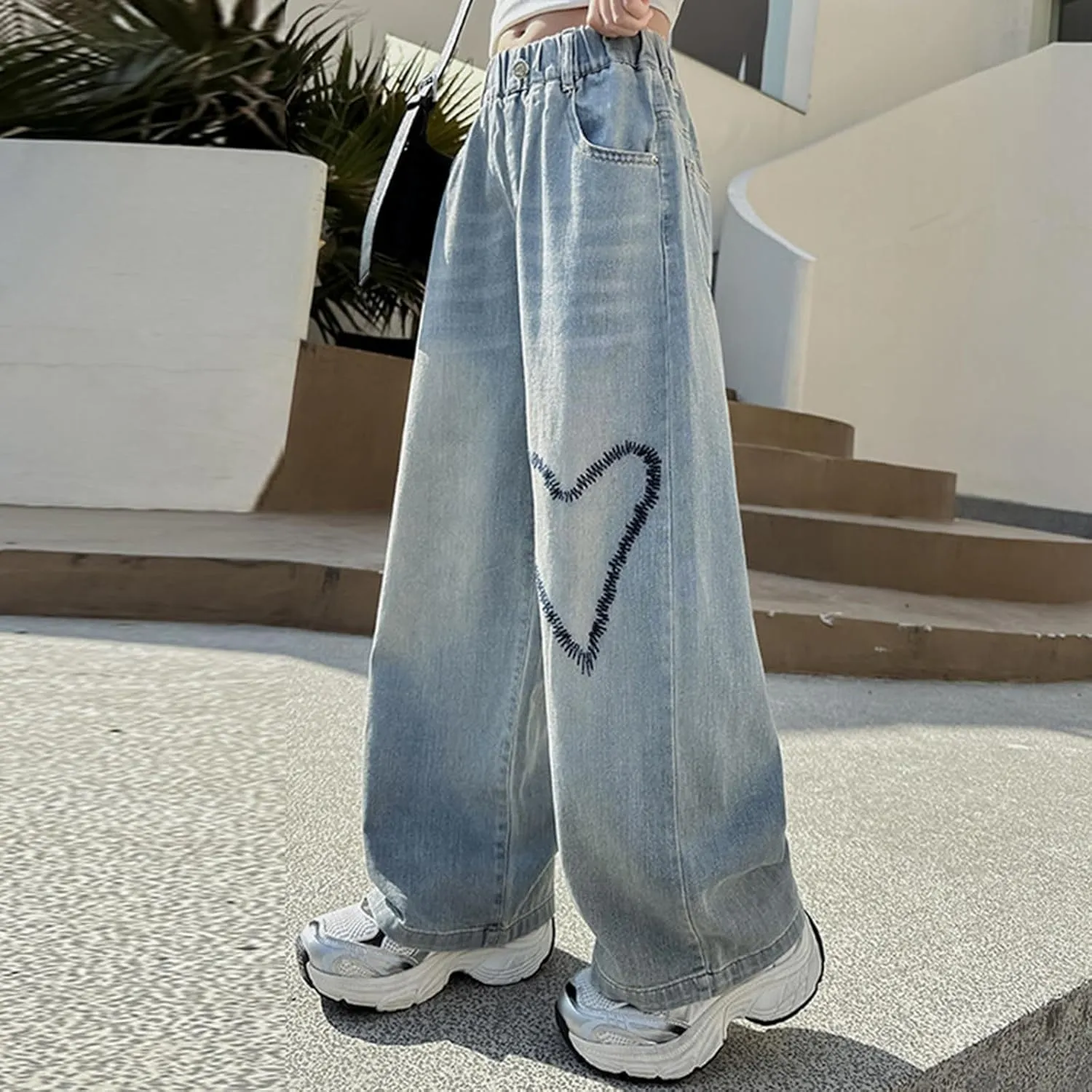 Boys Baggy Jeans for Kids Teen Casual Straight Wide Leg Cargo Jeans Y2K Loose Elastic Waist Denim Pants Trousers with Pockets