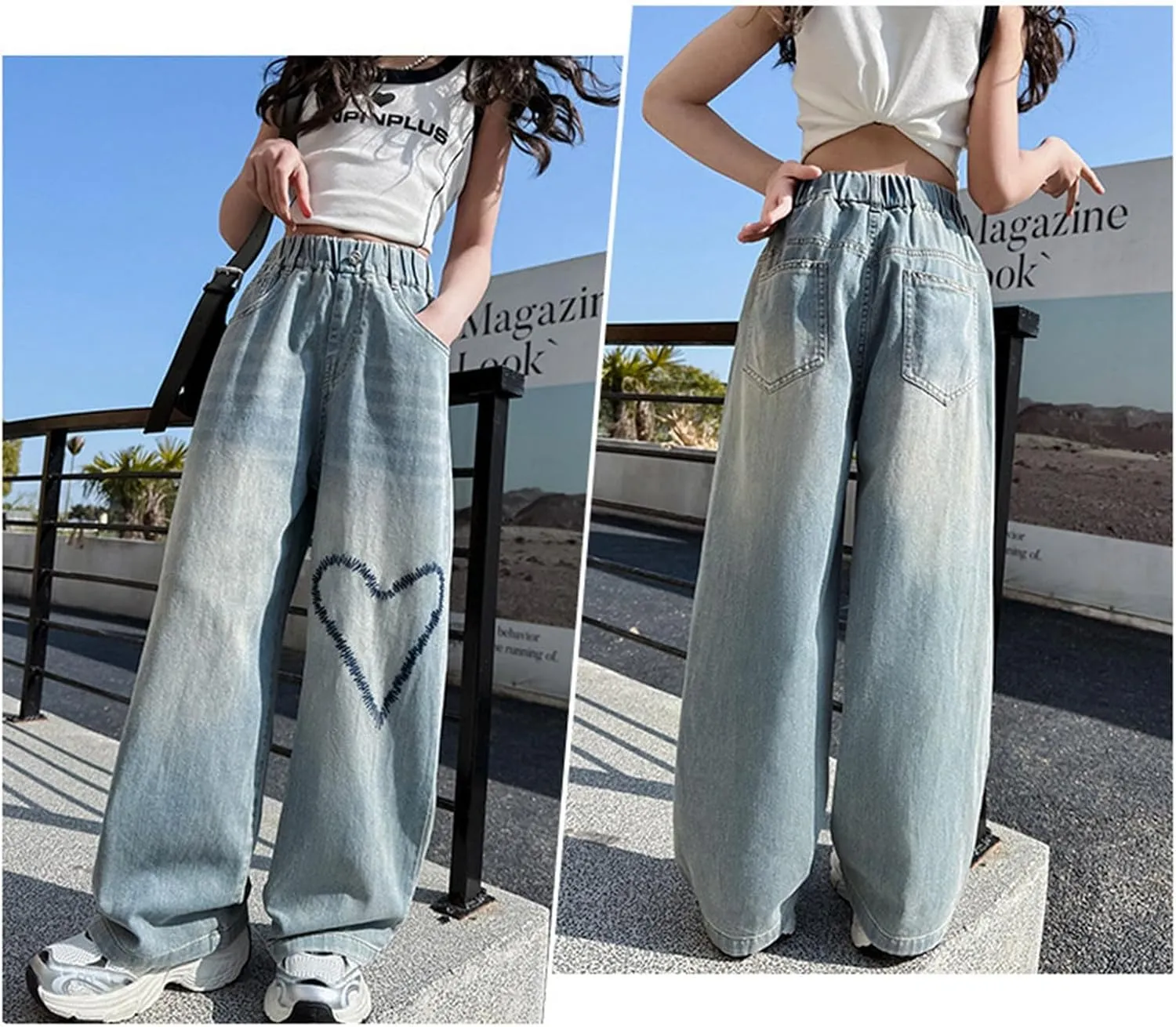 Boys Baggy Jeans for Kids Teen Casual Straight Wide Leg Cargo Jeans Y2K Loose Elastic Waist Denim Pants Trousers with Pockets