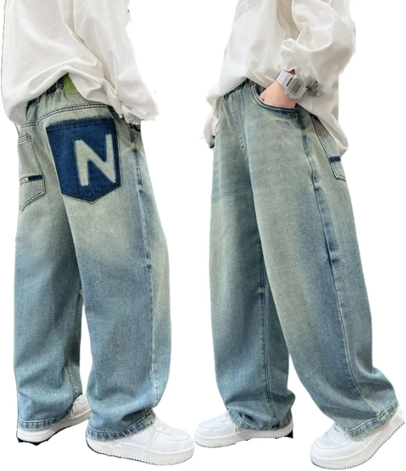 Boys Baggy Jeans for Kids Teen Casual Straight Wide Leg Cargo Jeans Y2K Loose Elastic Waist Denim Pants Trousers with Pockets
