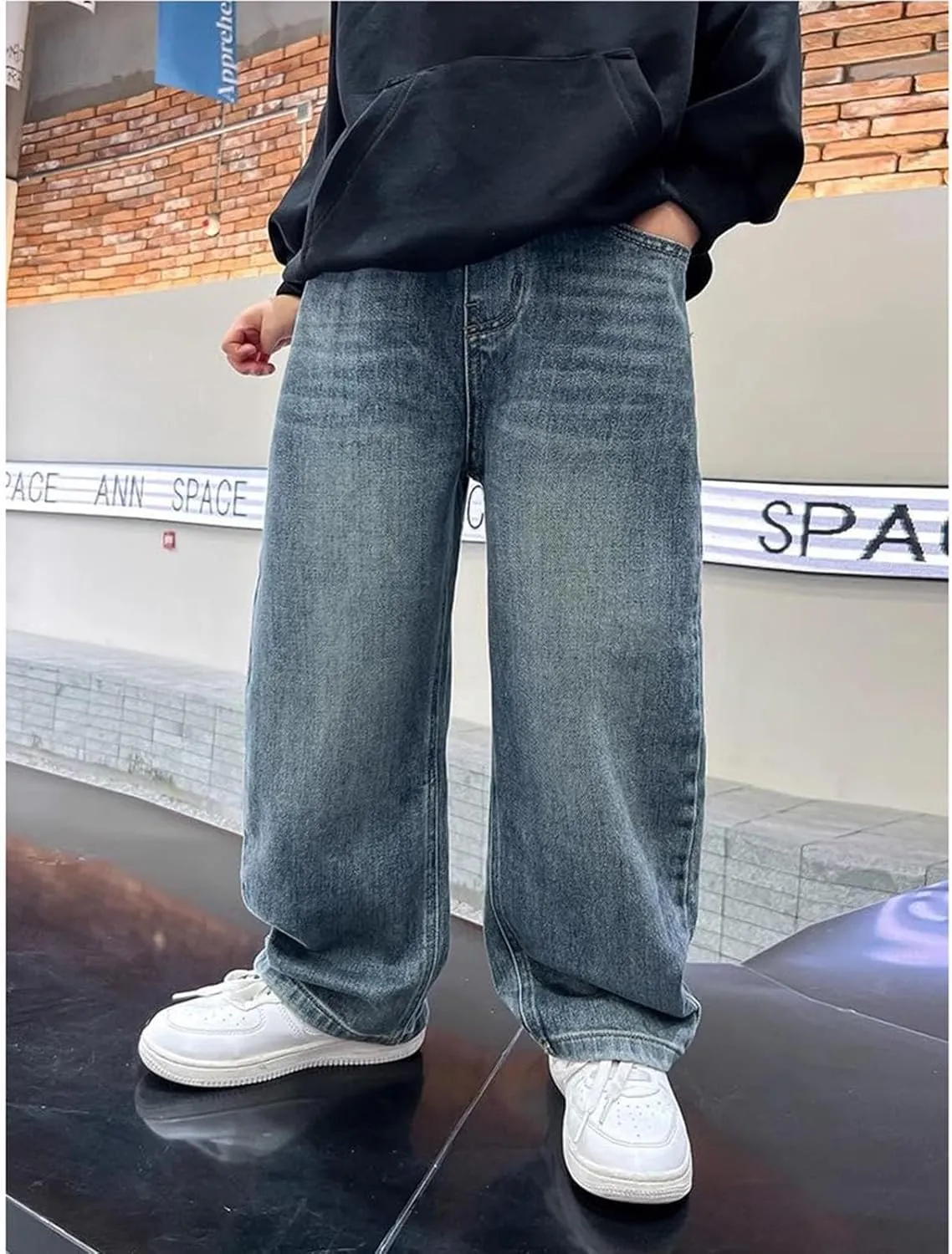 Boys Baggy Jeans for Kids Teen Casual Straight Wide Leg Cargo Jeans Y2K Loose Elastic Waist Denim Pants Trousers with Pockets