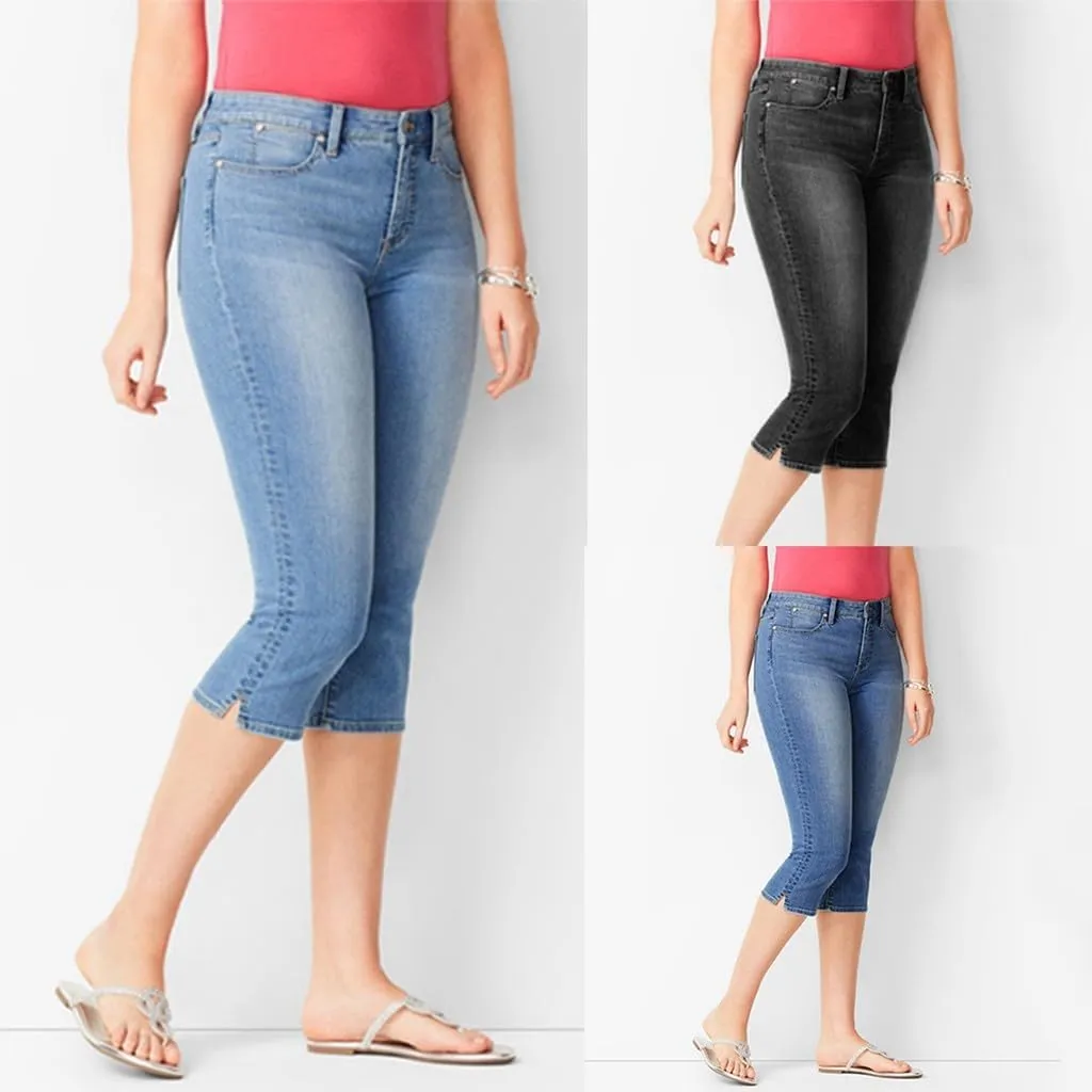 Capri Jeans for Women Plus Size High Waisted Skinny Ripped Jean Denim Pants Slim Fit Stretch Denim Capri Jeans Cropped Pants