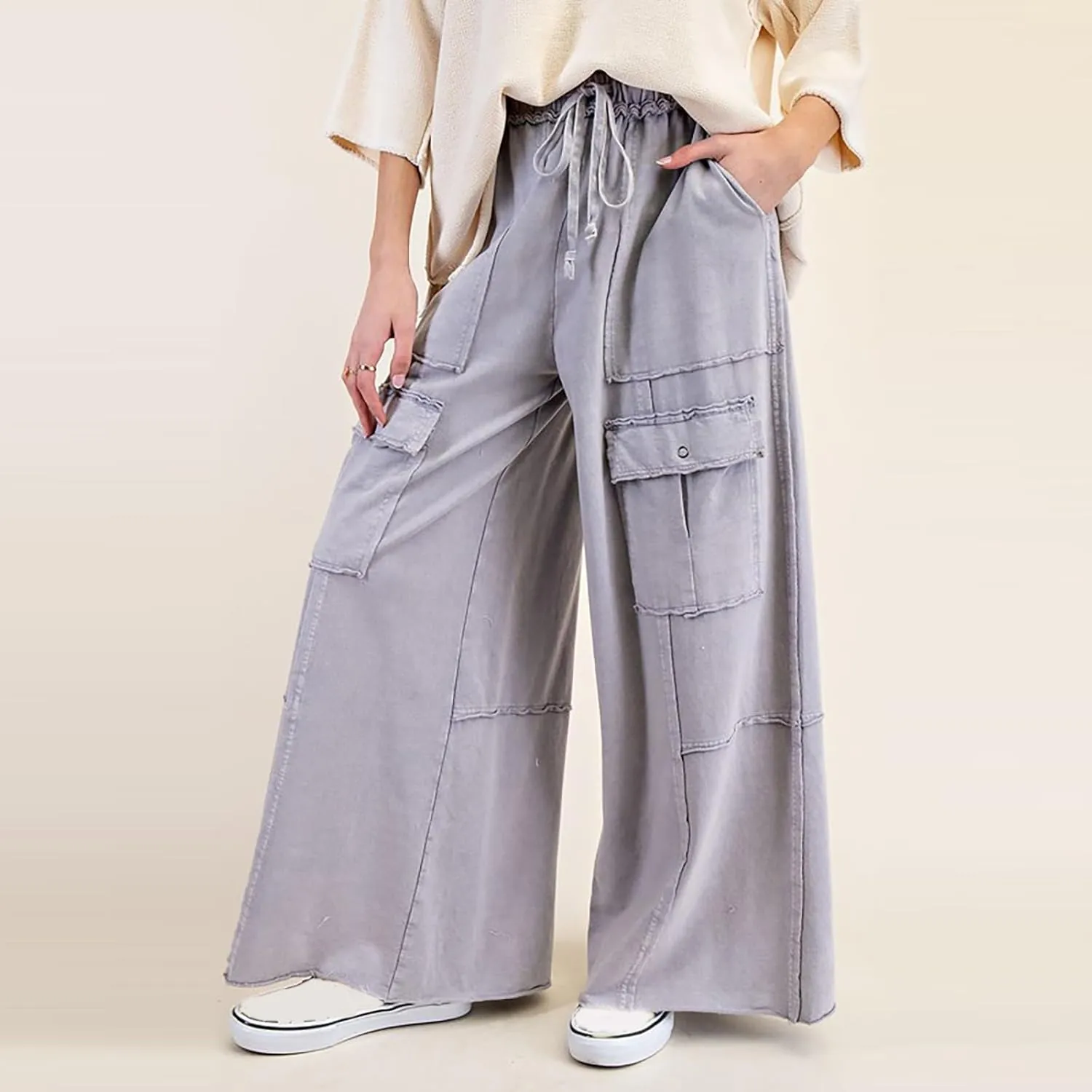Cargo Jeans for Women Casual Baggy High Waisted Drawstring Wide Leg Jeans Lightweight Flowy Y2K Palazzo Pants with Pockets