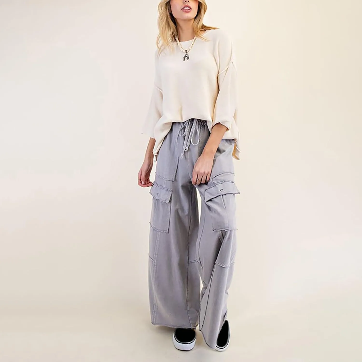 Cargo Jeans for Women Casual Baggy High Waisted Drawstring Wide Leg Jeans Lightweight Flowy Y2K Palazzo Pants with Pockets
