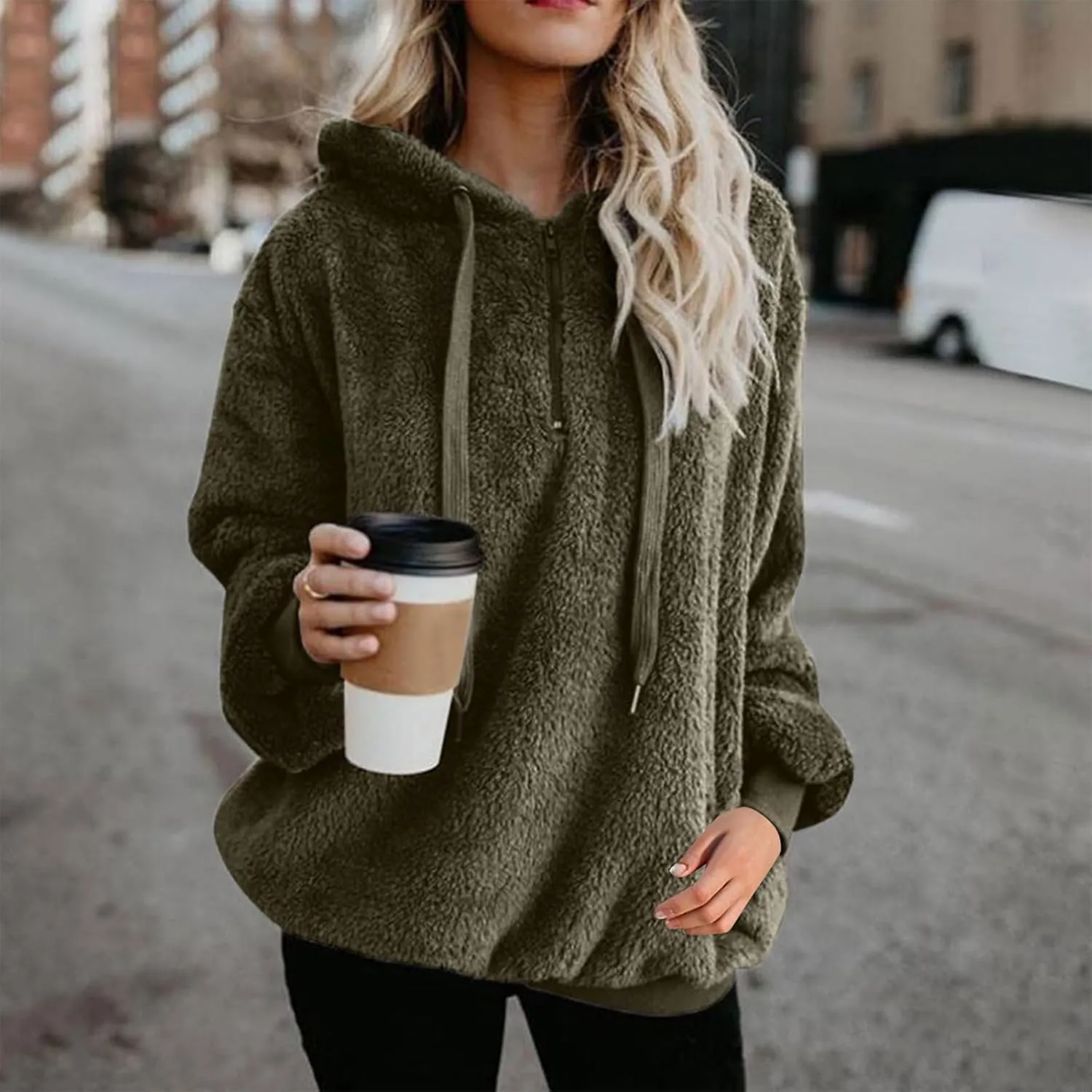 Cdiecer Fluffy Fleece Hoodies Womens Zip Up Sweatshirt Warm Hooded Jacket Oversized Sherpa Coat Outwear with Pockets