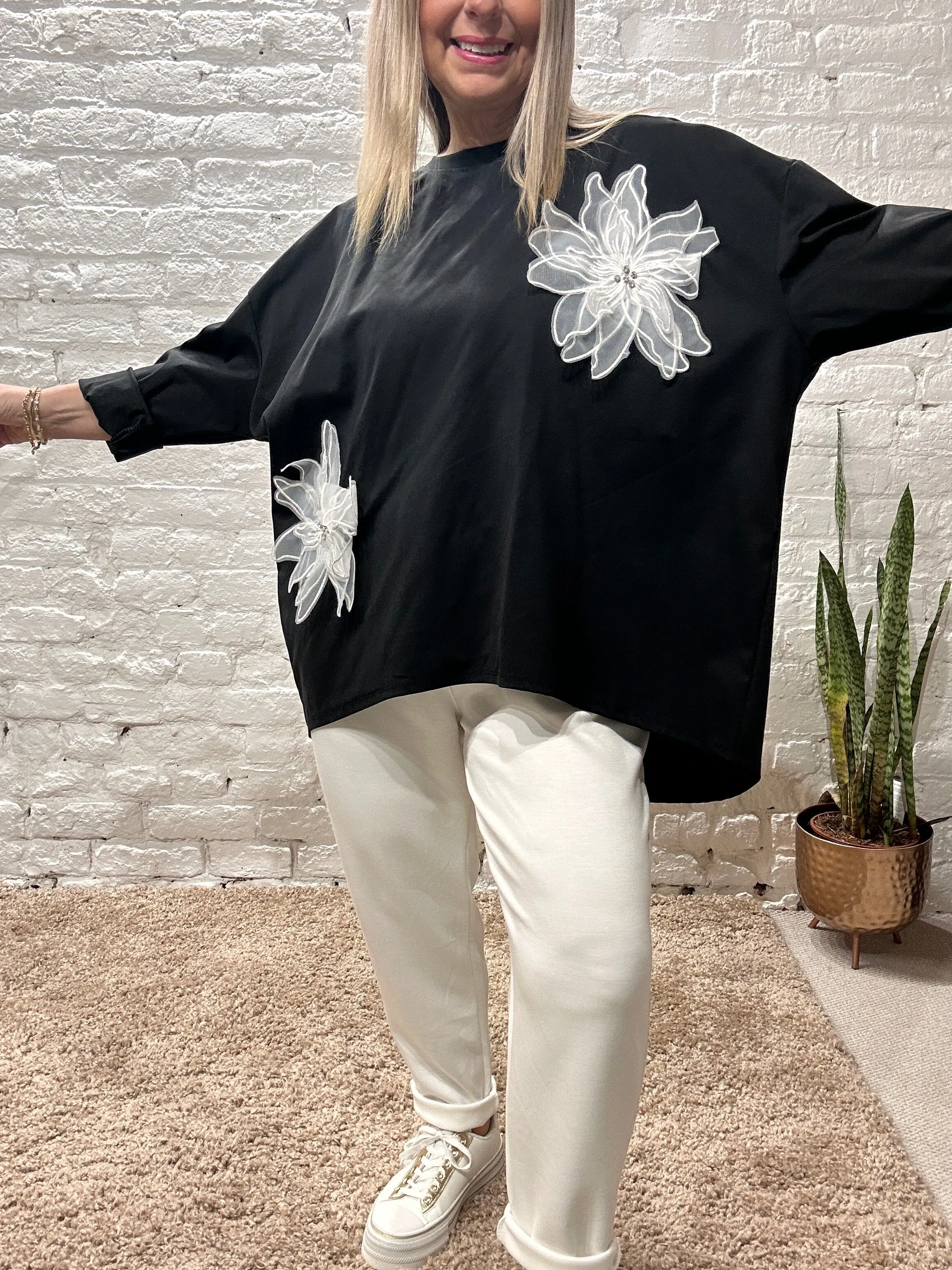 Chelsea premium Net Diamante Flower Detail Tunic Top Lounge Sweater c40