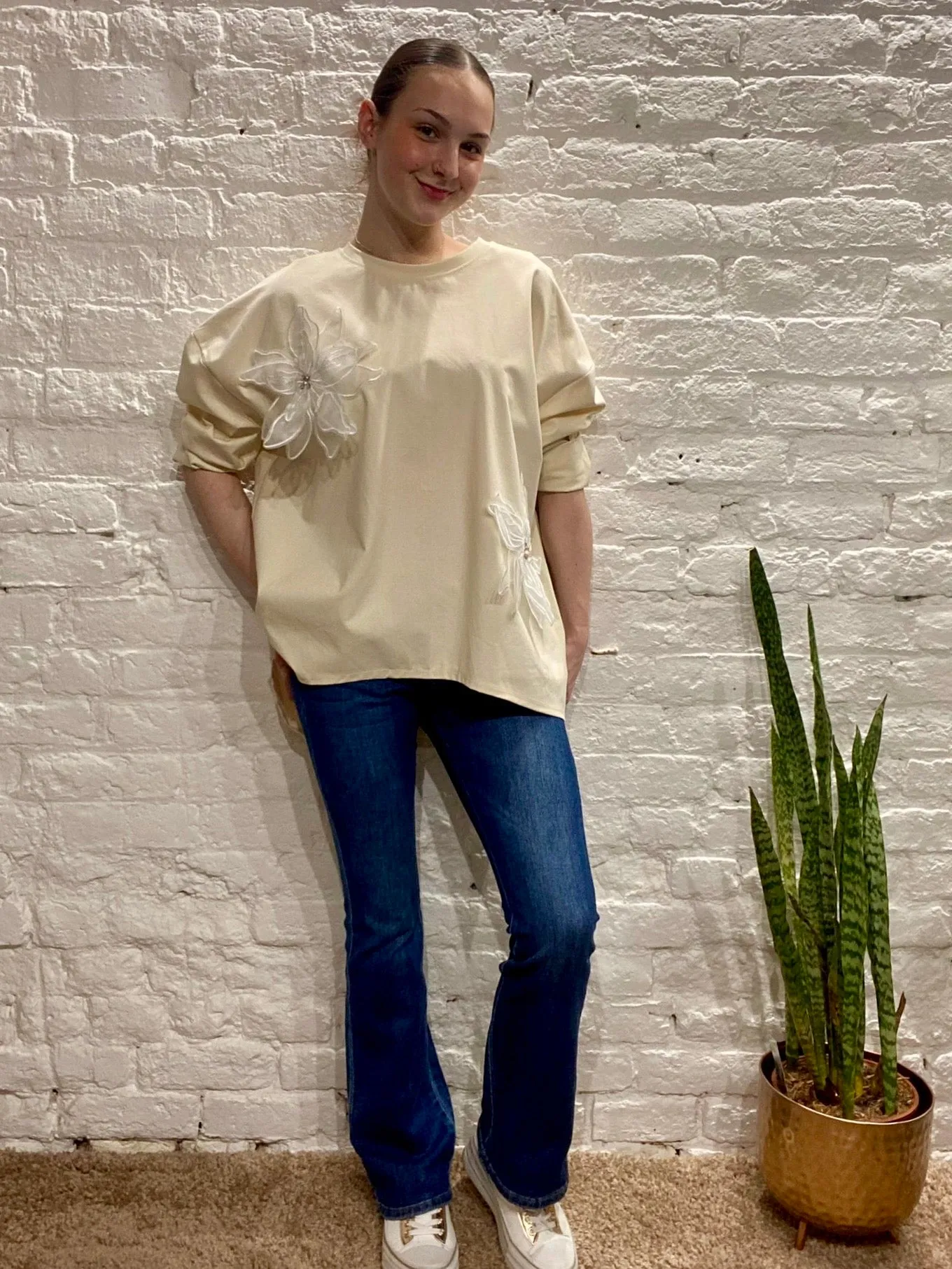 Chelsea premium Net Diamante Flower Detail Tunic Top Lounge Sweater c40