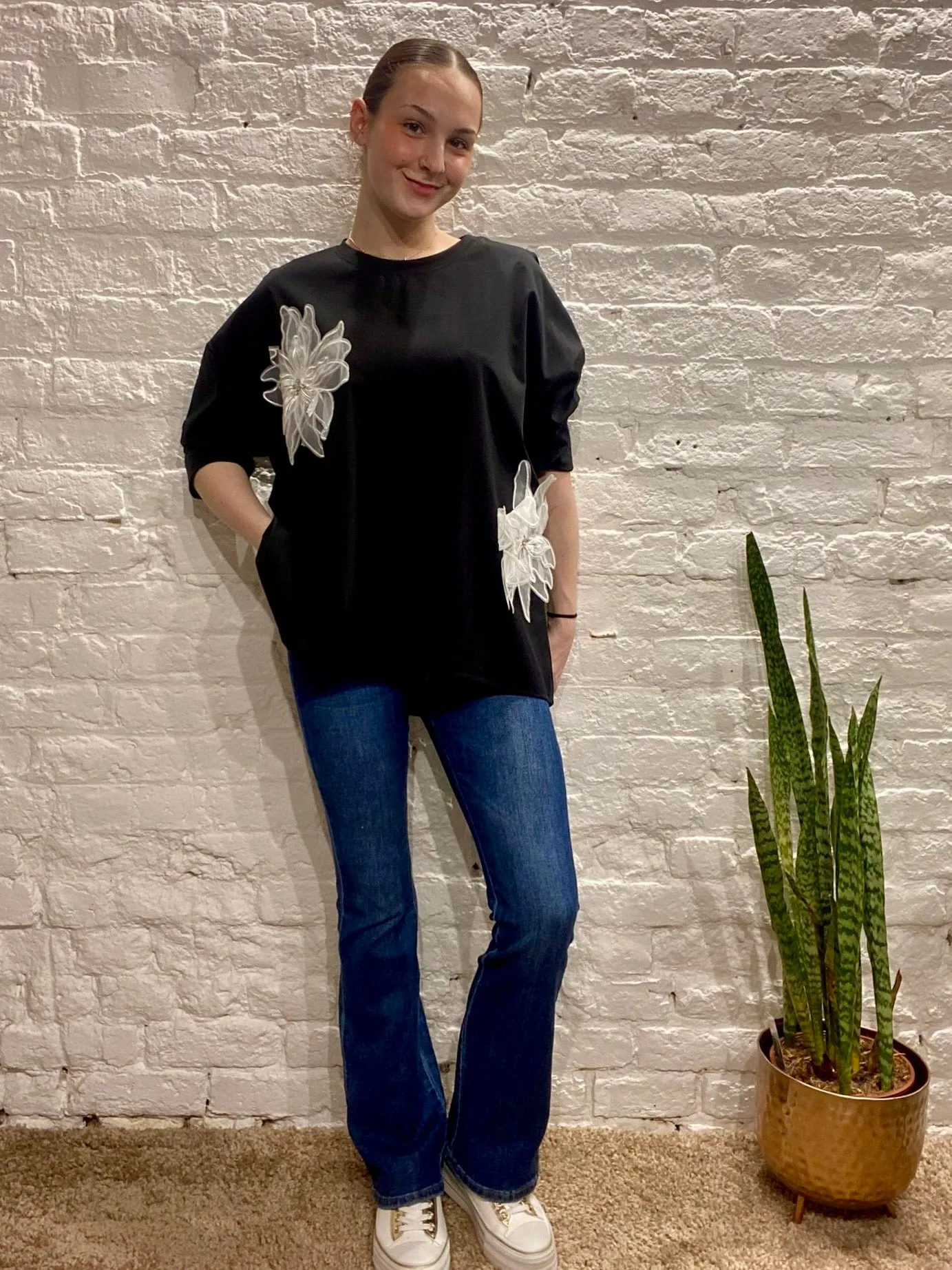 Chelsea premium Net Diamante Flower Detail Tunic Top Lounge Sweater c40
