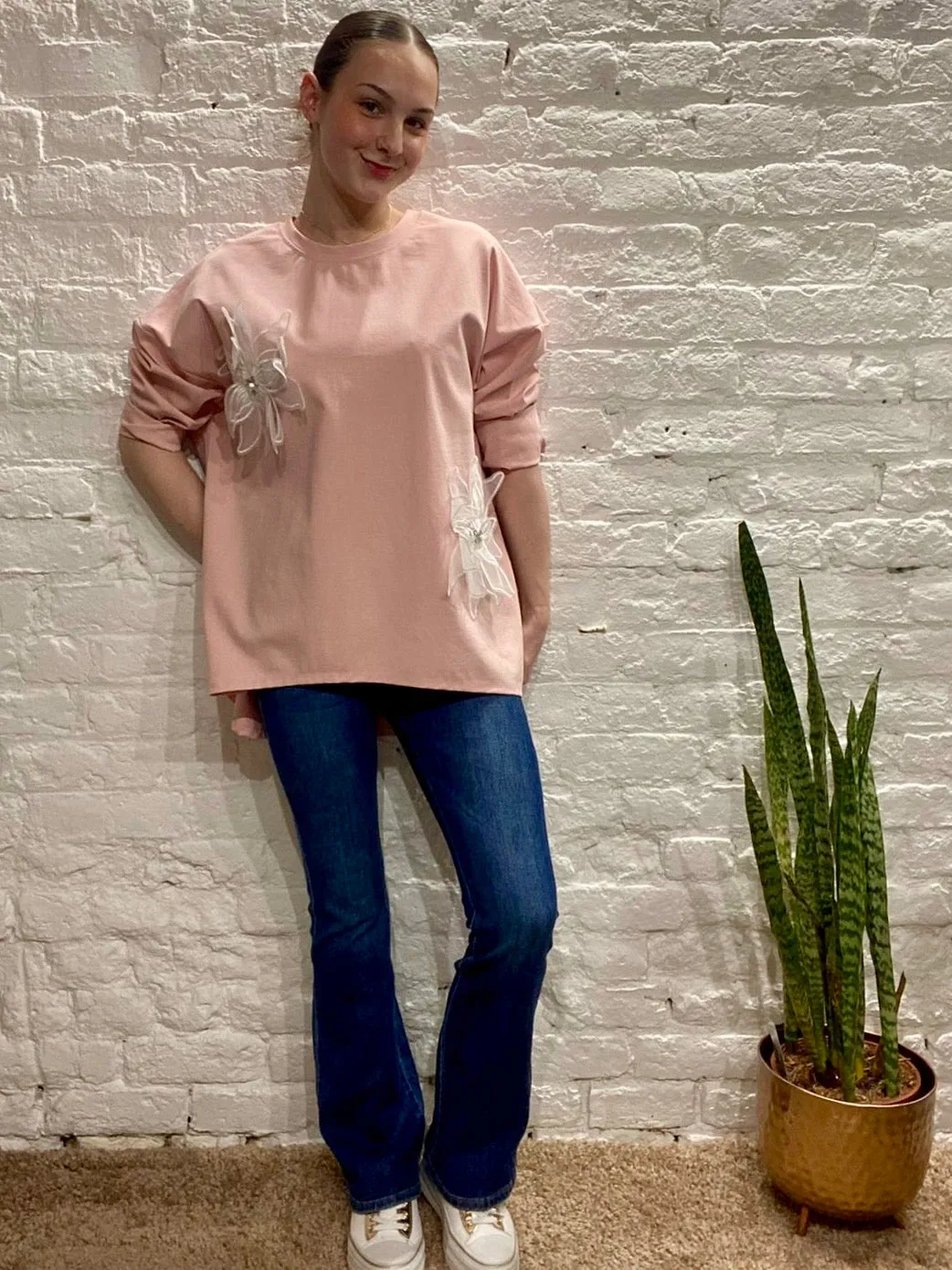 Chelsea premium Net Diamante Flower Detail Tunic Top Lounge Sweater c40