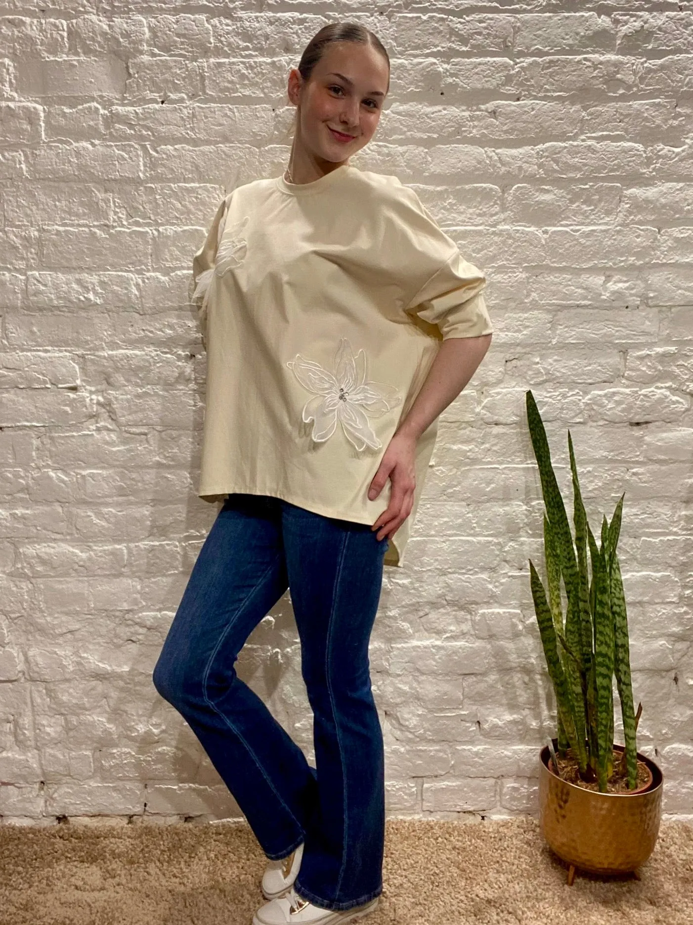 Chelsea premium Net Diamante Flower Detail Tunic Top Lounge Sweater c40