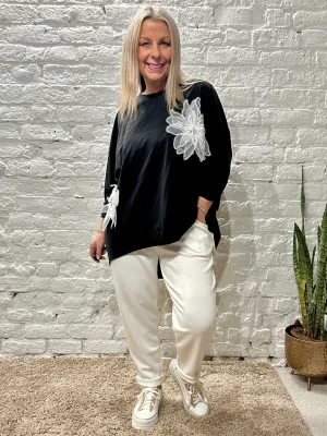 Chelsea premium Net Diamante Flower Detail Tunic Top Lounge Sweater c40