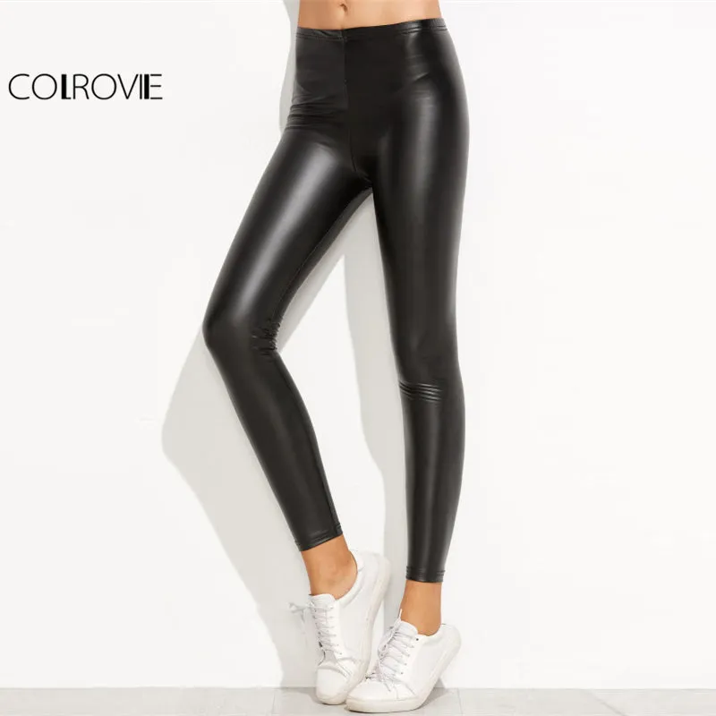 COLROVIE Elastic Waist PU Skinny Leggings 2017 Black High Waist Sporting Plain Leather Leggings Women Elegant Long Pants