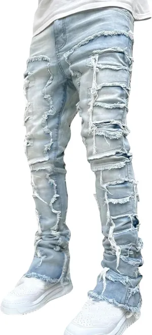 CRNTCEM Stretch Jeans for Men Cotton Ripped Tassels Straight Denim Jeans Distressed Casual Hip Hop Jogger Denim Pants