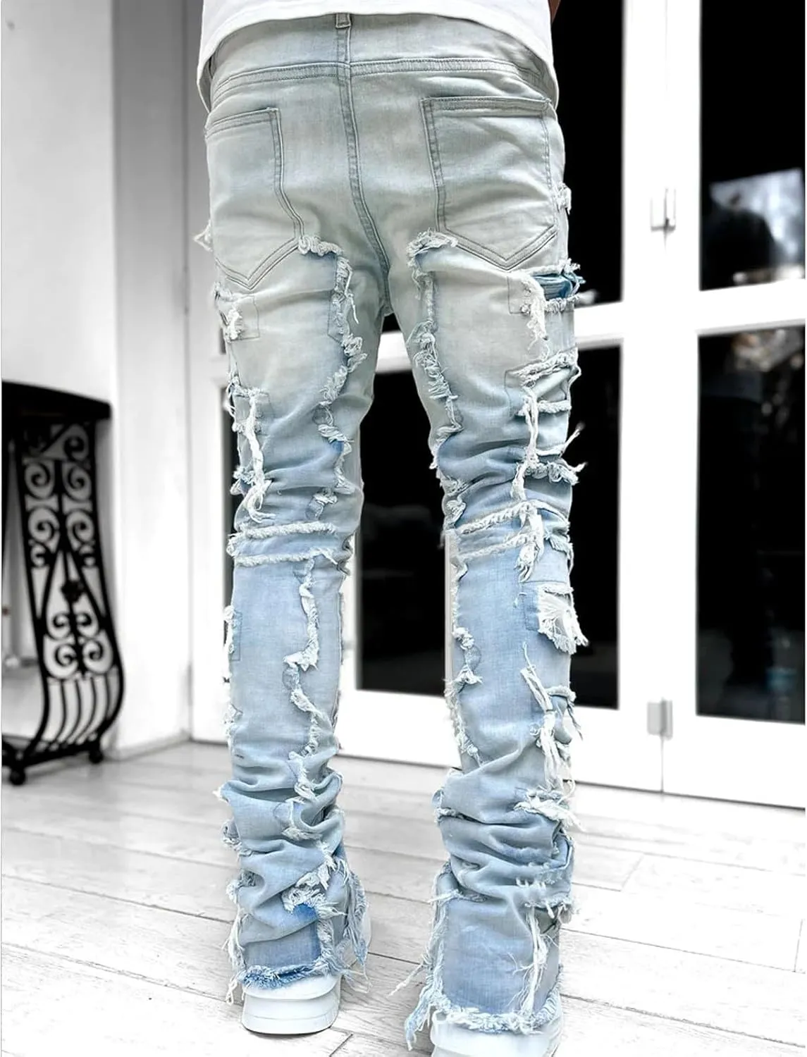 CRNTCEM Stretch Jeans for Men Cotton Ripped Tassels Straight Denim Jeans Distressed Casual Hip Hop Jogger Denim Pants