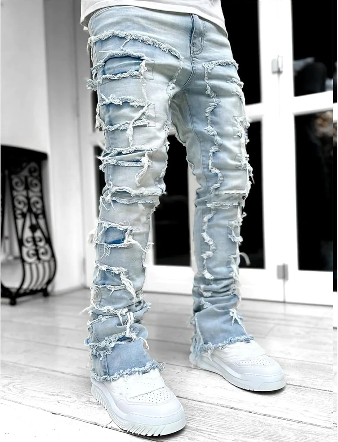 CRNTCEM Stretch Jeans for Men Cotton Ripped Tassels Straight Denim Jeans Distressed Casual Hip Hop Jogger Denim Pants