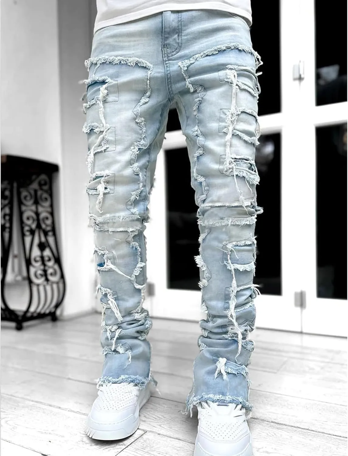 CRNTCEM Stretch Jeans for Men Cotton Ripped Tassels Straight Denim Jeans Distressed Casual Hip Hop Jogger Denim Pants