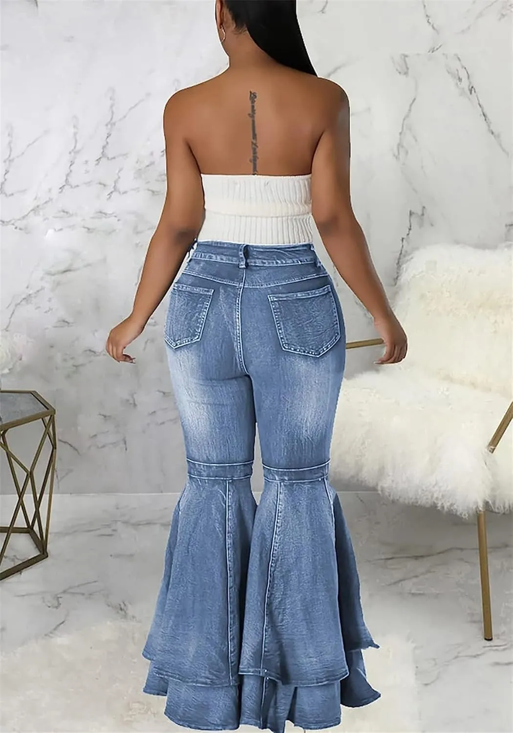 Cute Bell Bottom Jeans for Women High Waist Flare Jeans Patchwork Pleated Layered Ruffle Hem Wide Leg Denim Long Pants