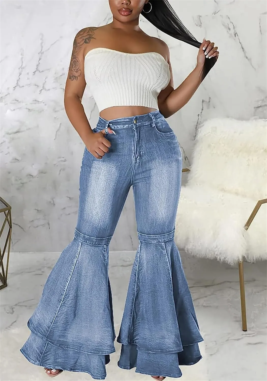 Cute Bell Bottom Jeans for Women High Waist Flare Jeans Patchwork Pleated Layered Ruffle Hem Wide Leg Denim Long Pants